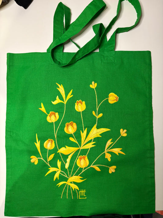 Tote bag peint et brodé à  la main . Vert, jaune et marron